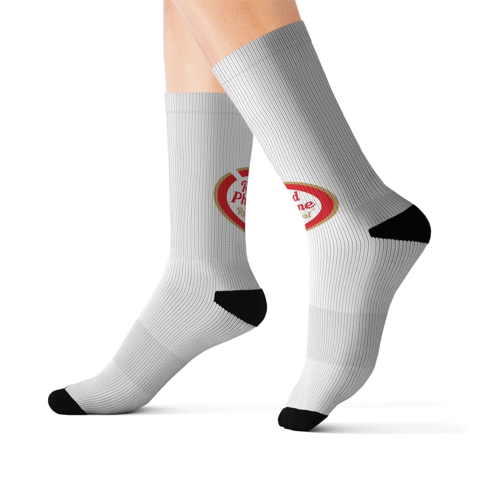 Classic Sublimation Crew Socks with 'Real People, Real Problems' Badge