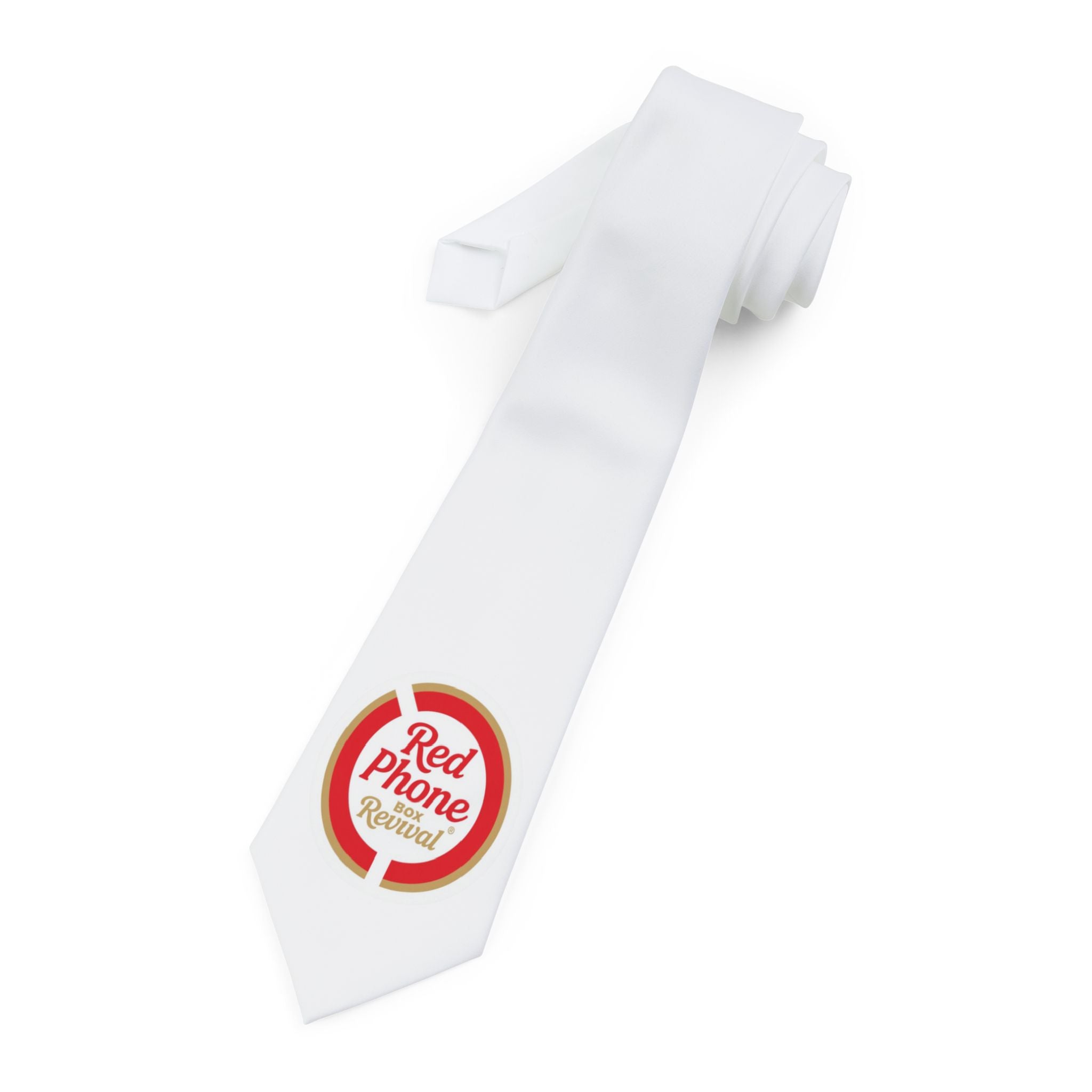Red Phone Revival  - White Necktie with Retro Logo — Novelty Office Tie