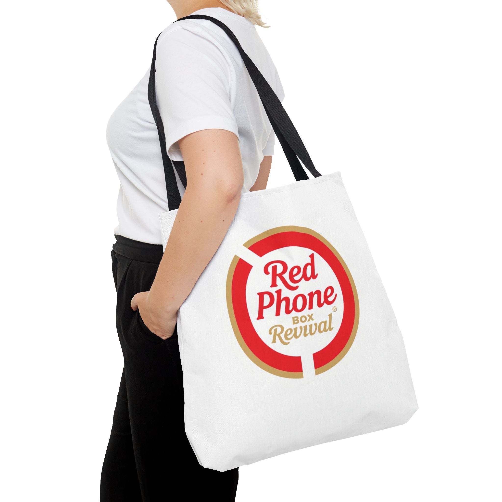 Red Phone Box Revival Tote Bag — Retro Circular Logo Tote