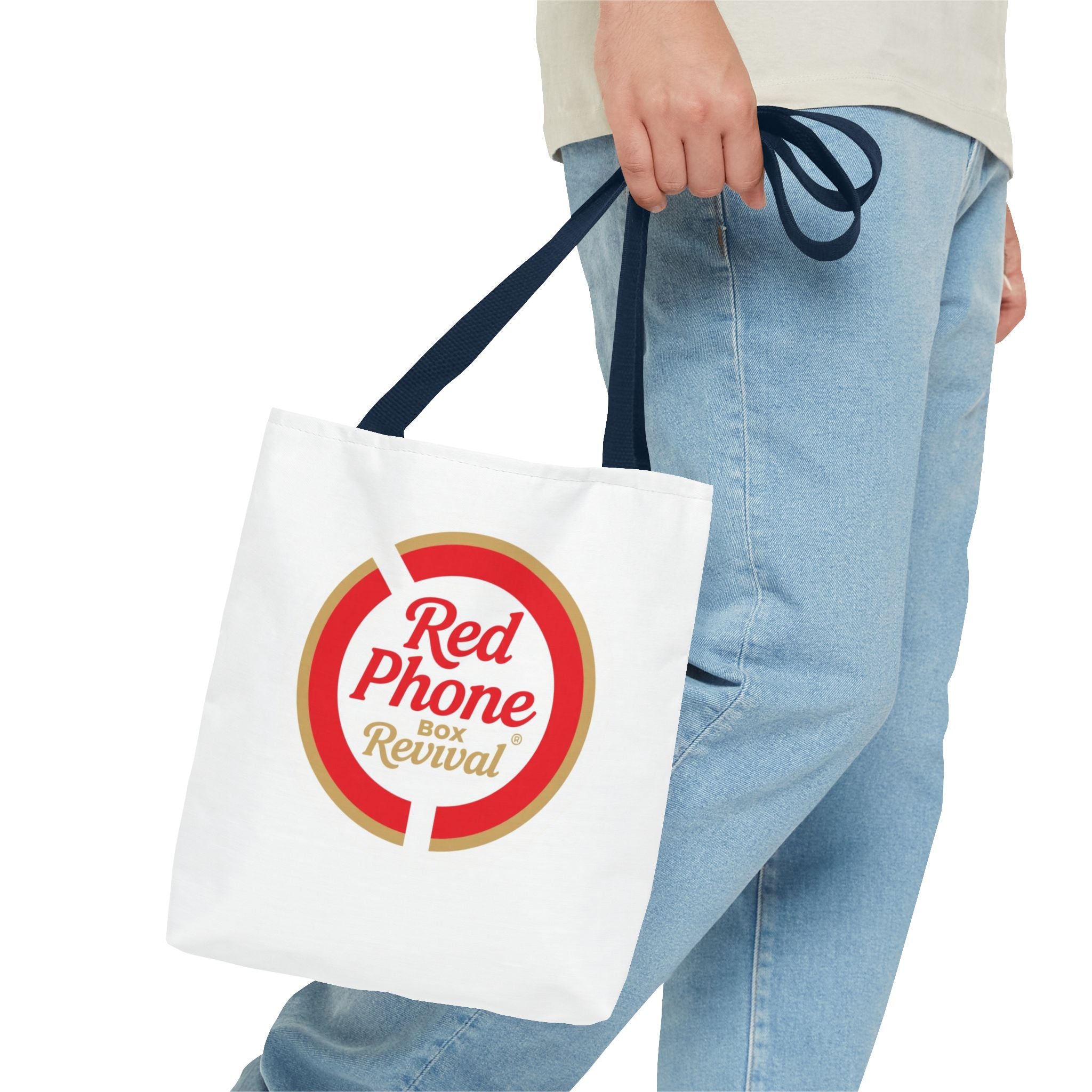 Red Phone Box Revival Tote Bag — Retro Circular Logo Tote