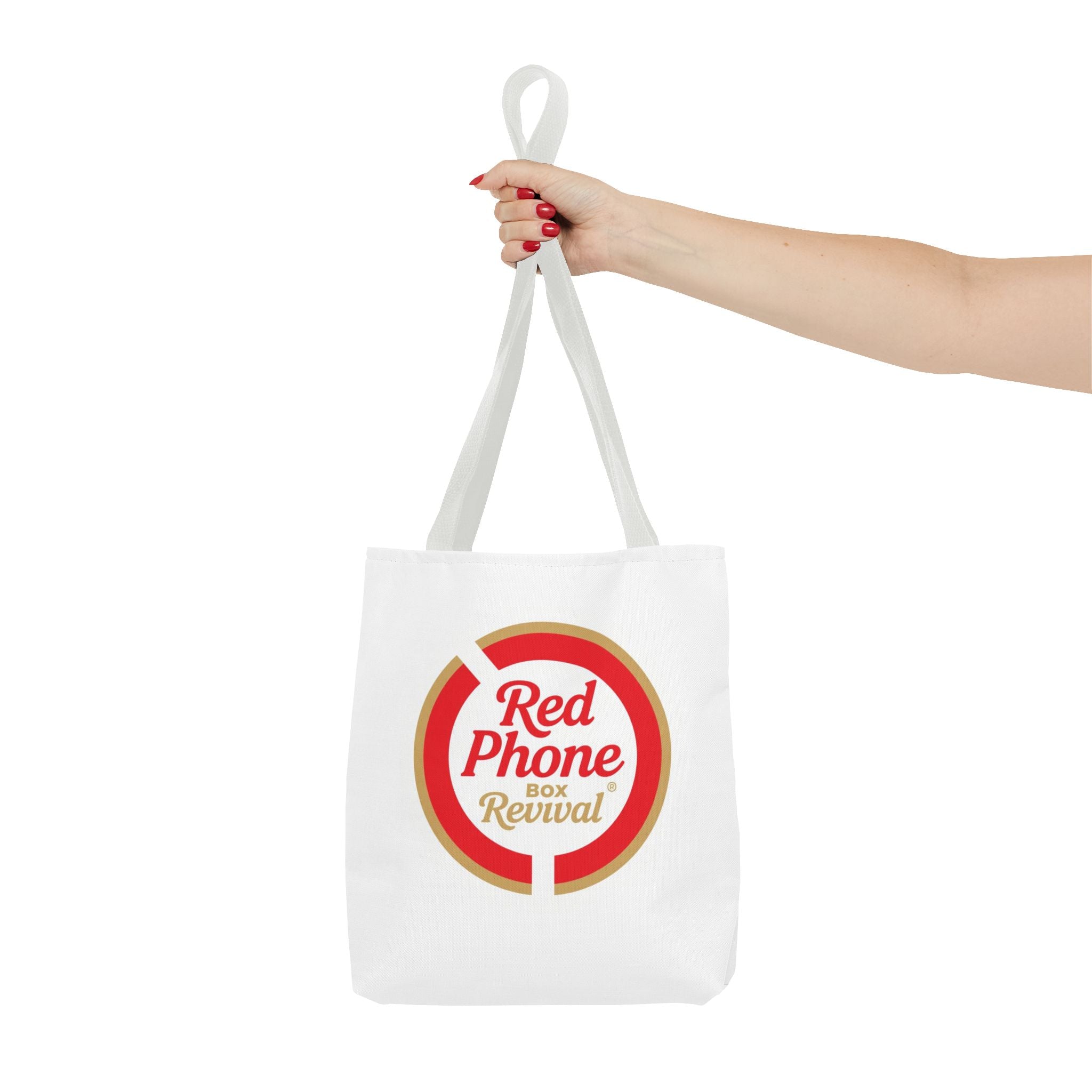 Red Phone Box Revival Tote Bag — Retro Circular Logo Tote