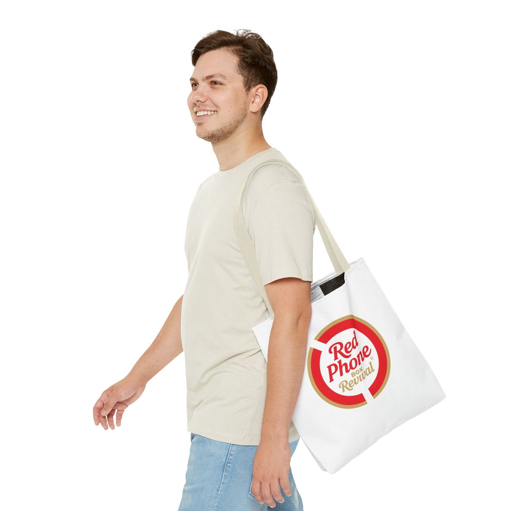 Red Phone Box Revival Tote Bag — Retro Circular Logo Tote