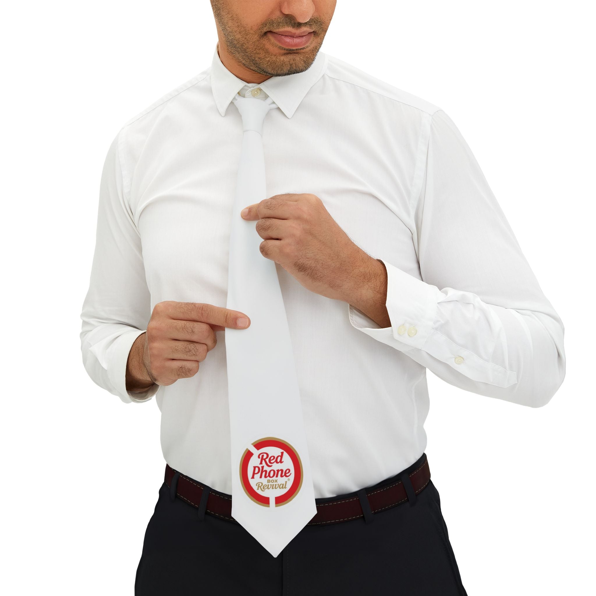 Red Phone Revival  - White Necktie with Retro Logo — Novelty Office Tie