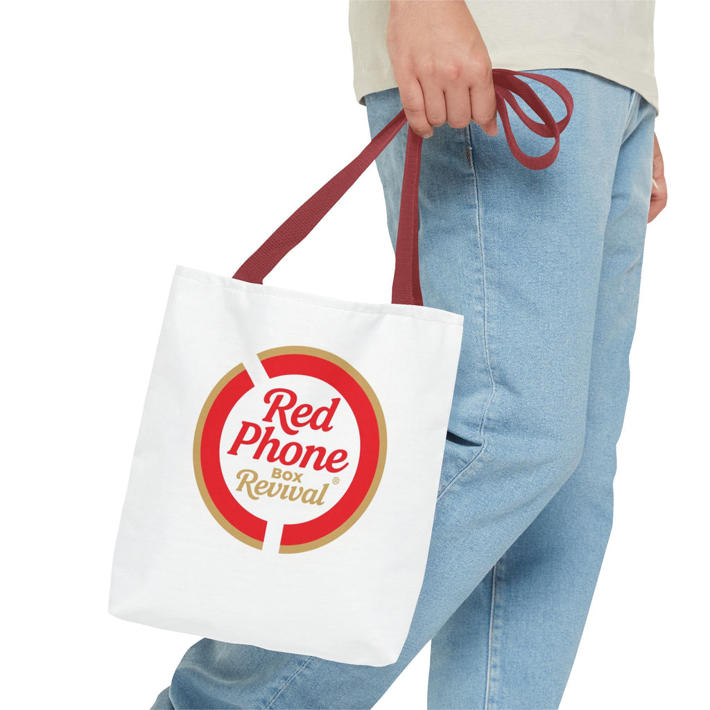 Red Phone Box Revival Tote Bag — Retro Circular Logo Tote