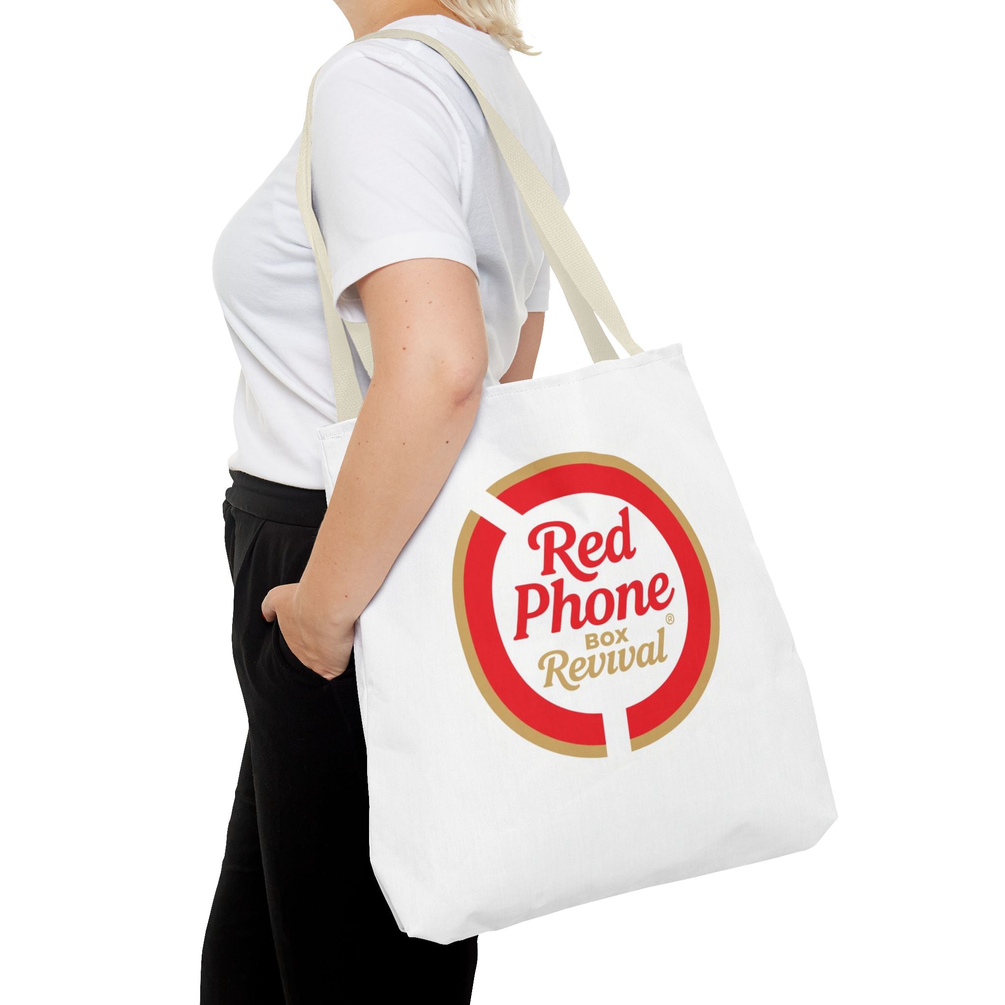 Red Phone Box Revival Tote Bag — Retro Circular Logo Tote