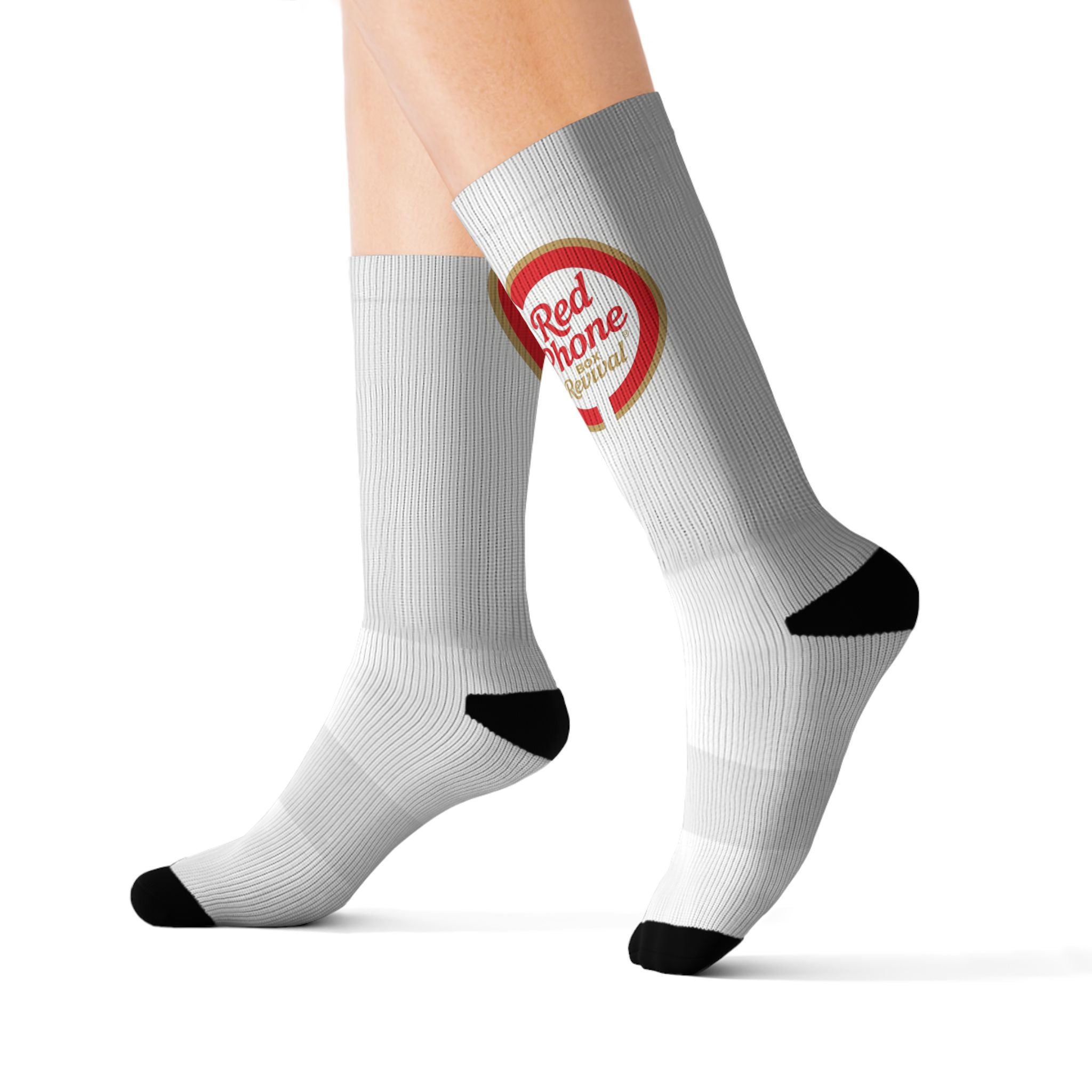 Classic Sublimation Crew Socks with 'Real People, Real Problems' Badge