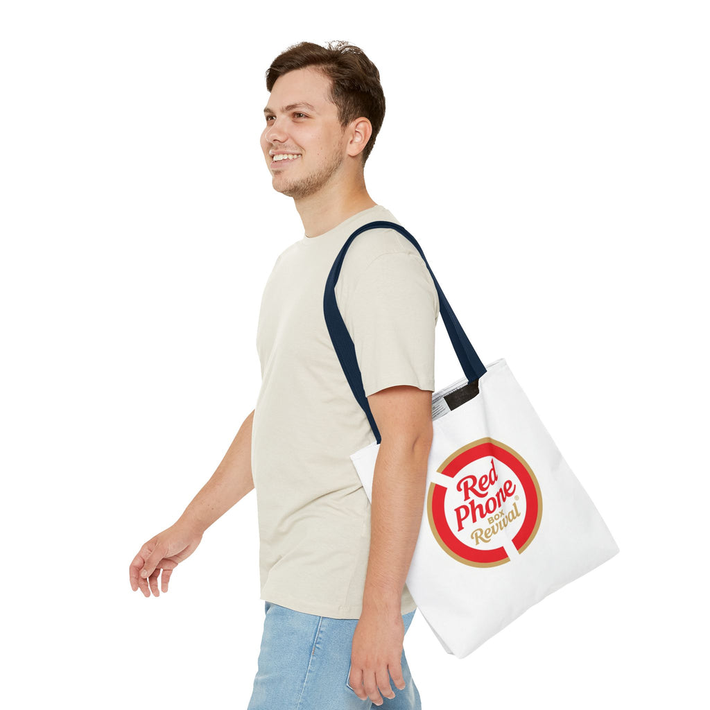 Red Phone Box Revival Tote Bag — Retro Circular Logo Tote