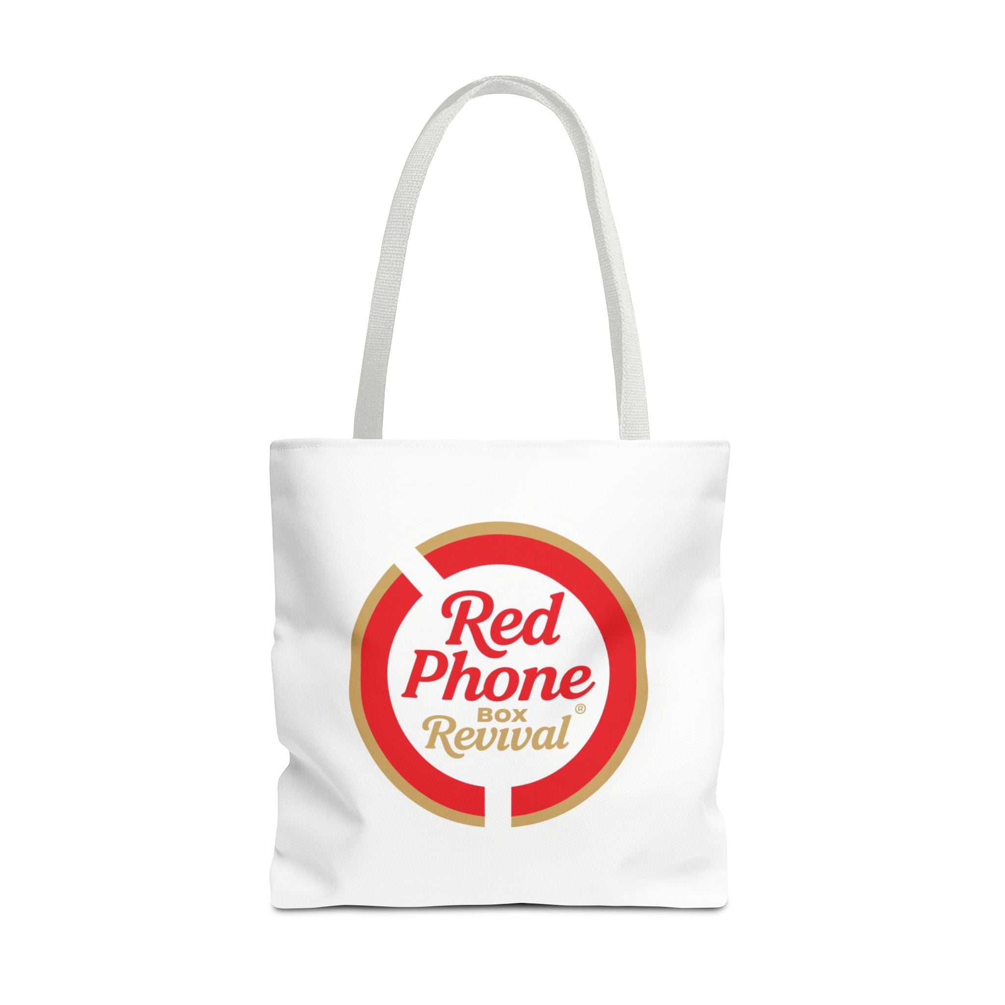 Red Phone Box Revival Tote Bag — Retro Circular Logo Tote