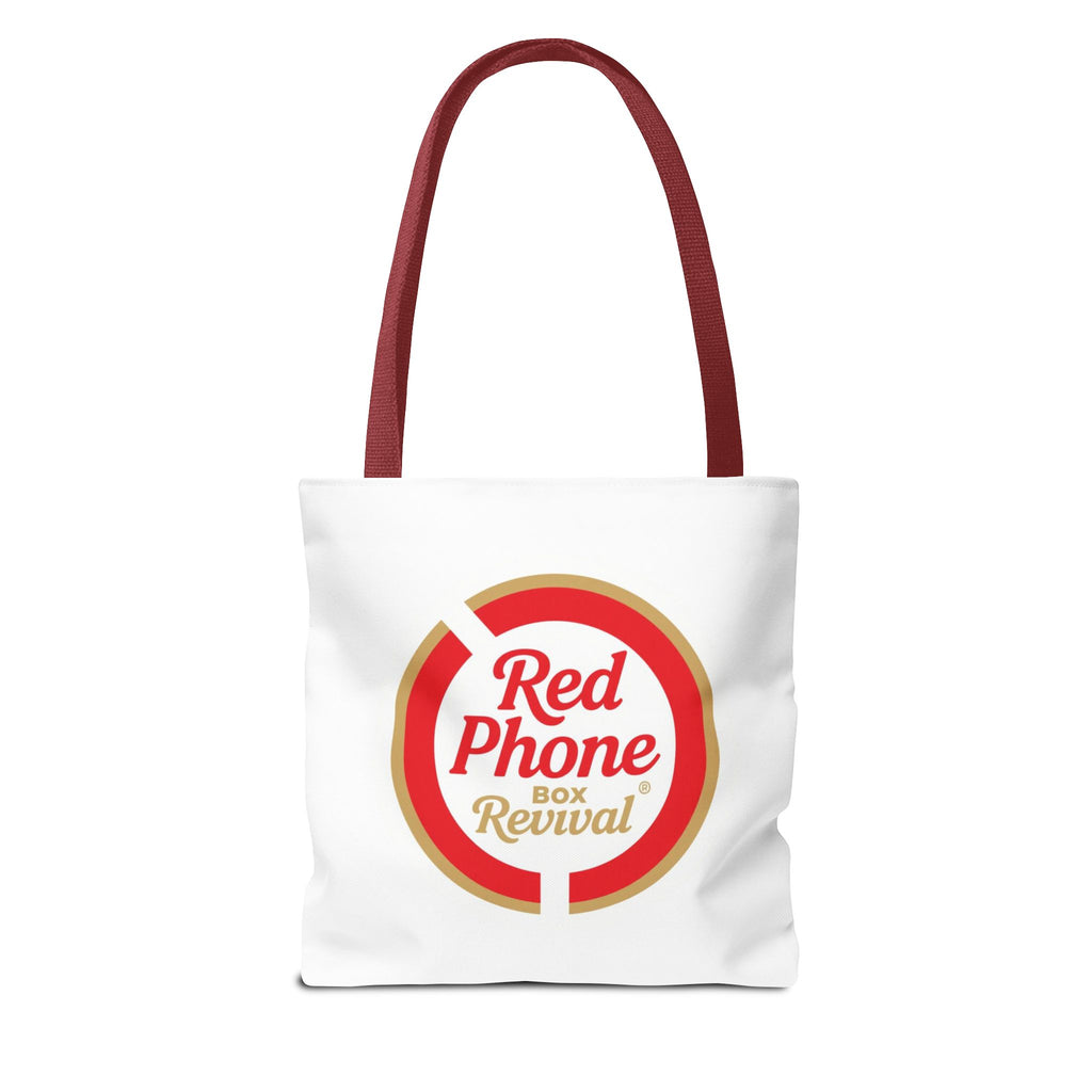 Red Phone Box Revival Tote Bag — Retro Circular Logo Tote