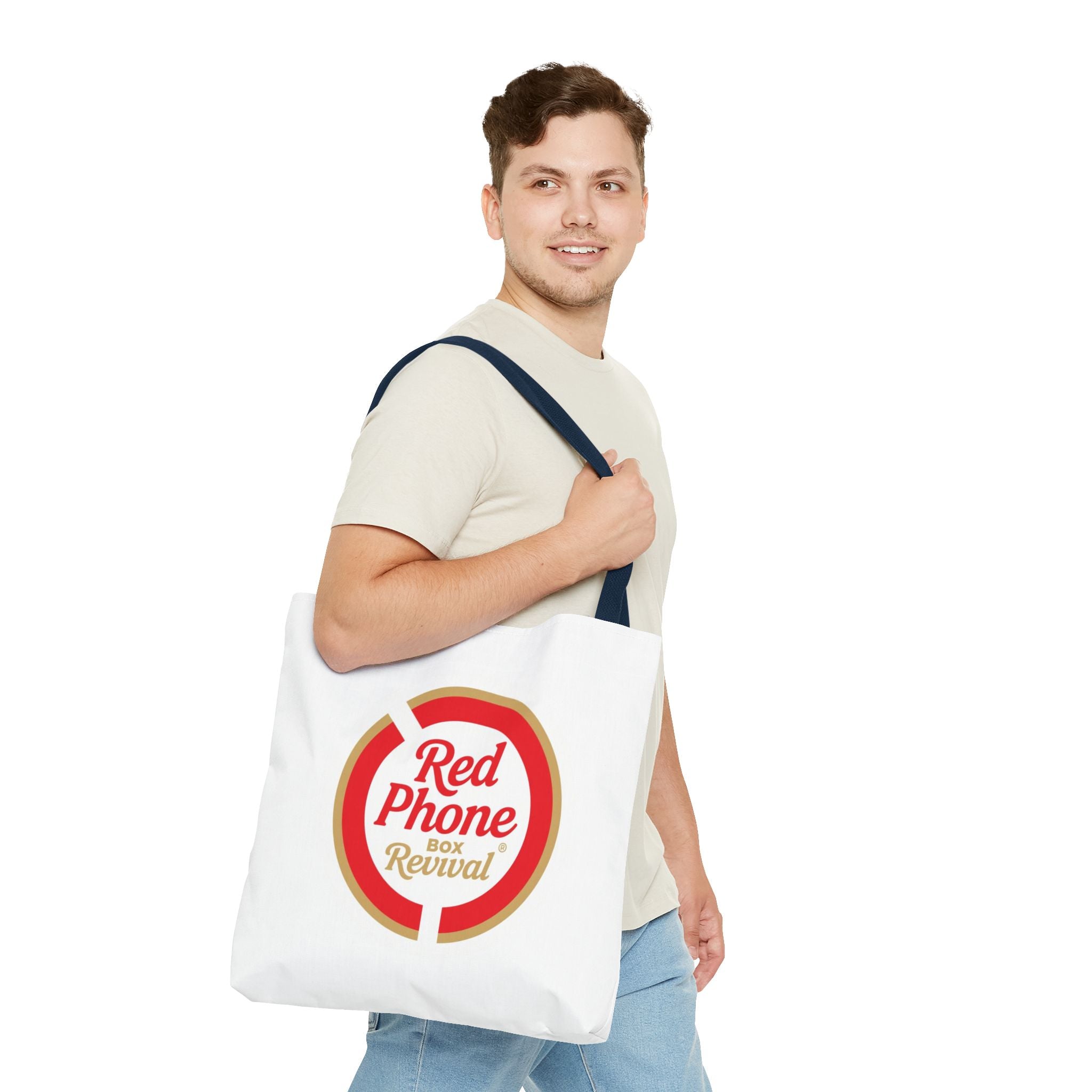 Red Phone Box Revival Tote Bag — Retro Circular Logo Tote
