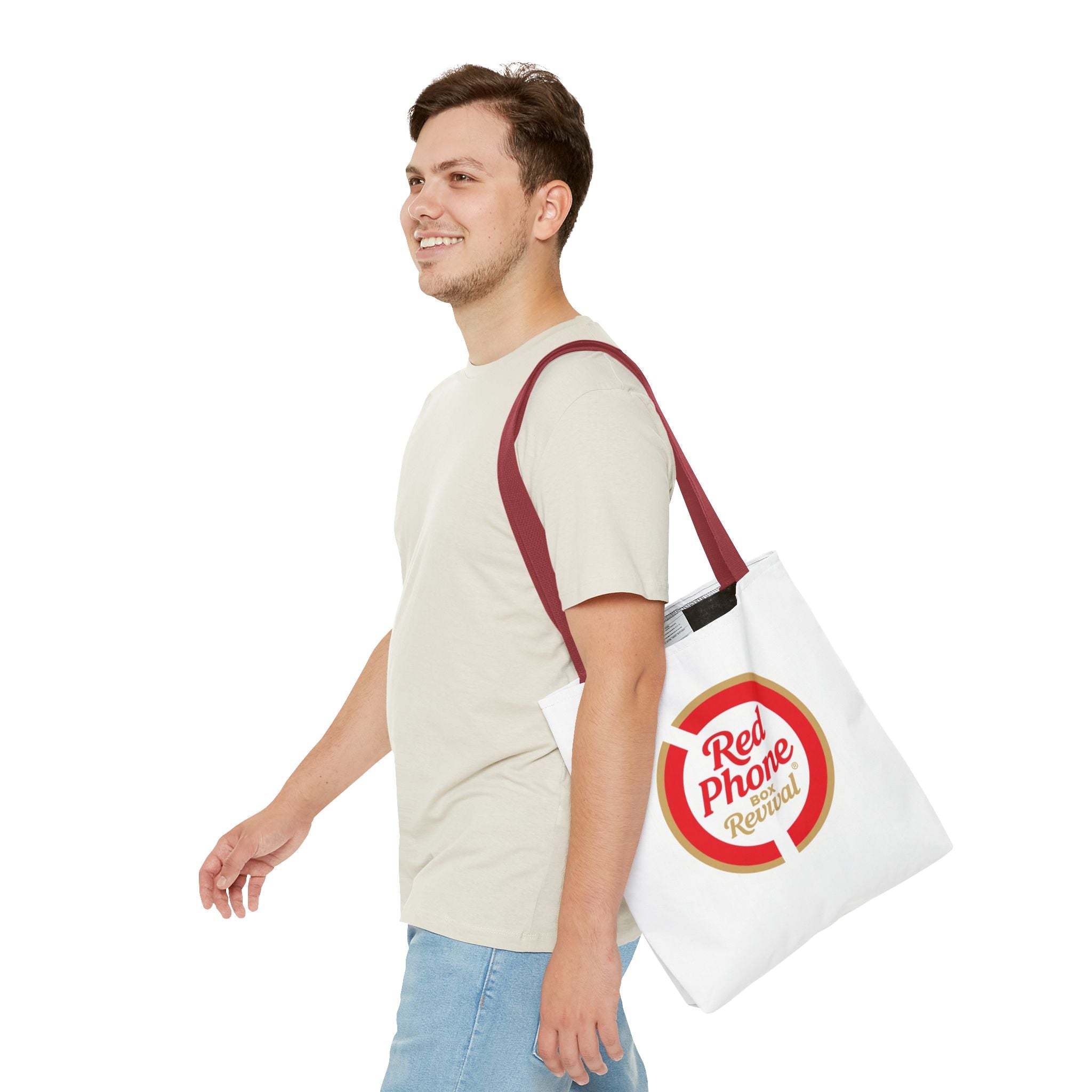 Red Phone Box Revival Tote Bag — Retro Circular Logo Tote