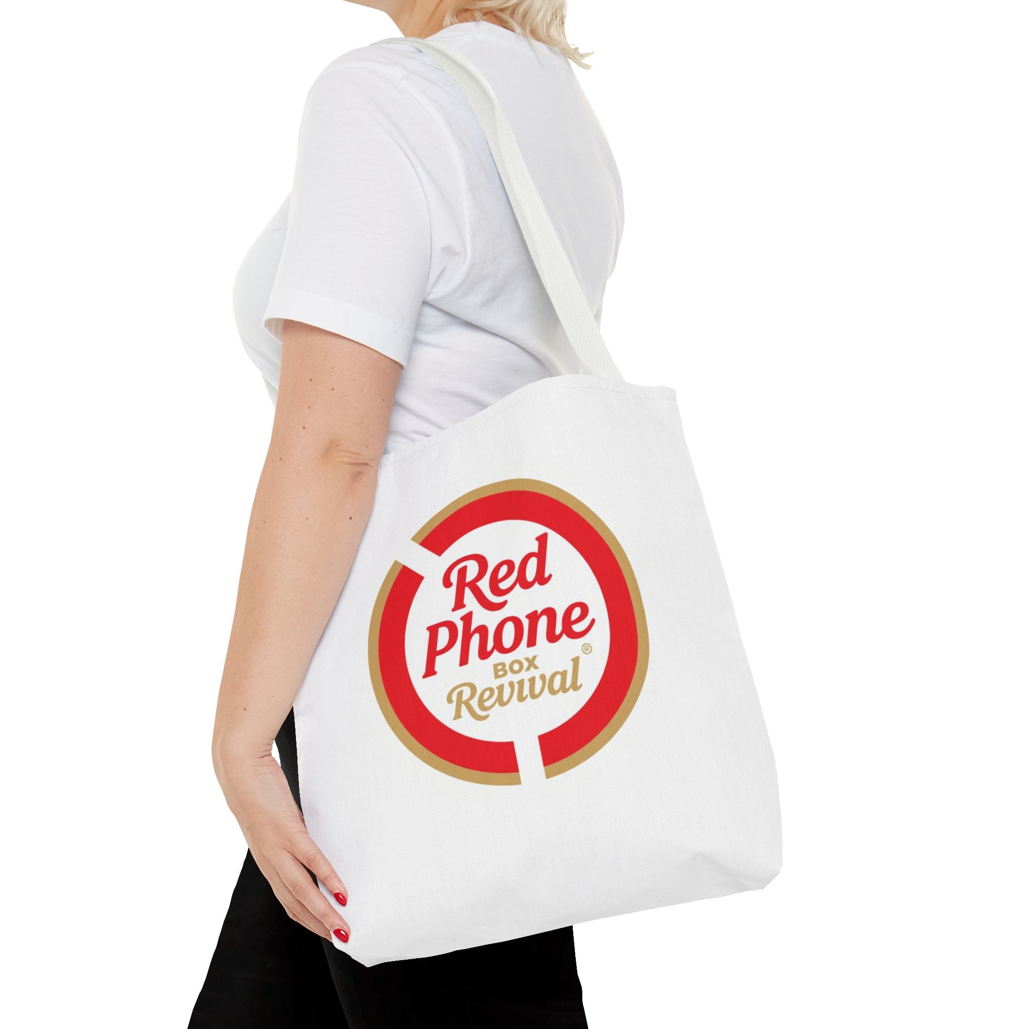 Red Phone Box Revival Tote Bag — Retro Circular Logo Tote