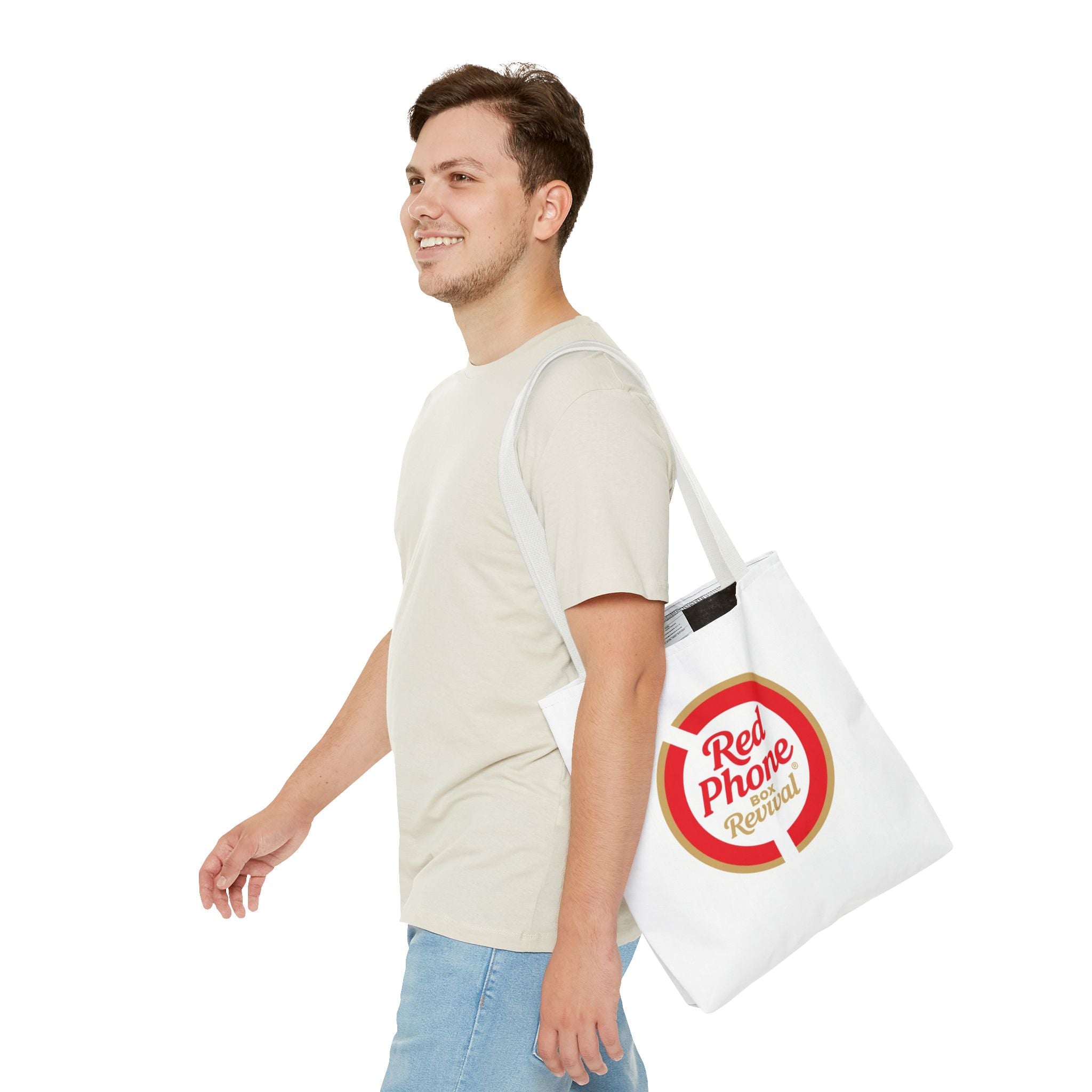 Red Phone Box Revival Tote Bag — Retro Circular Logo Tote