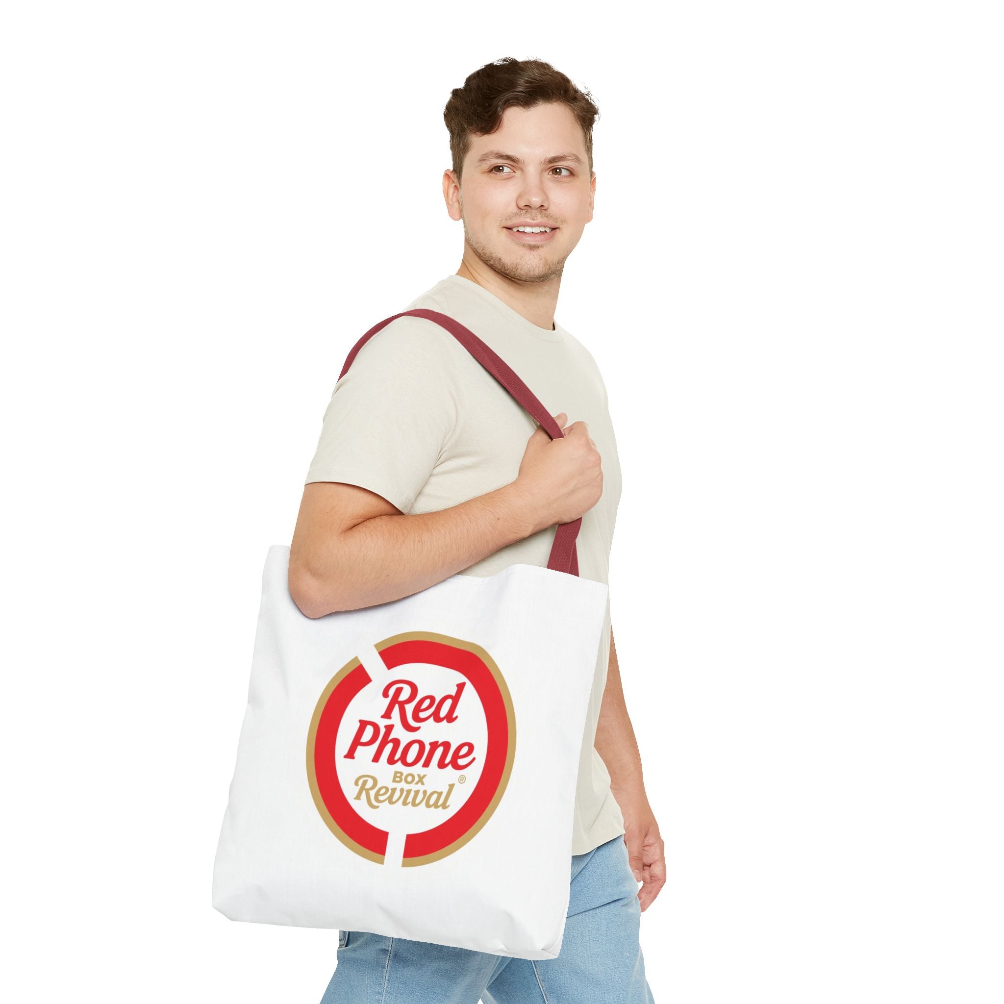 Red Phone Box Revival Tote Bag — Retro Circular Logo Tote