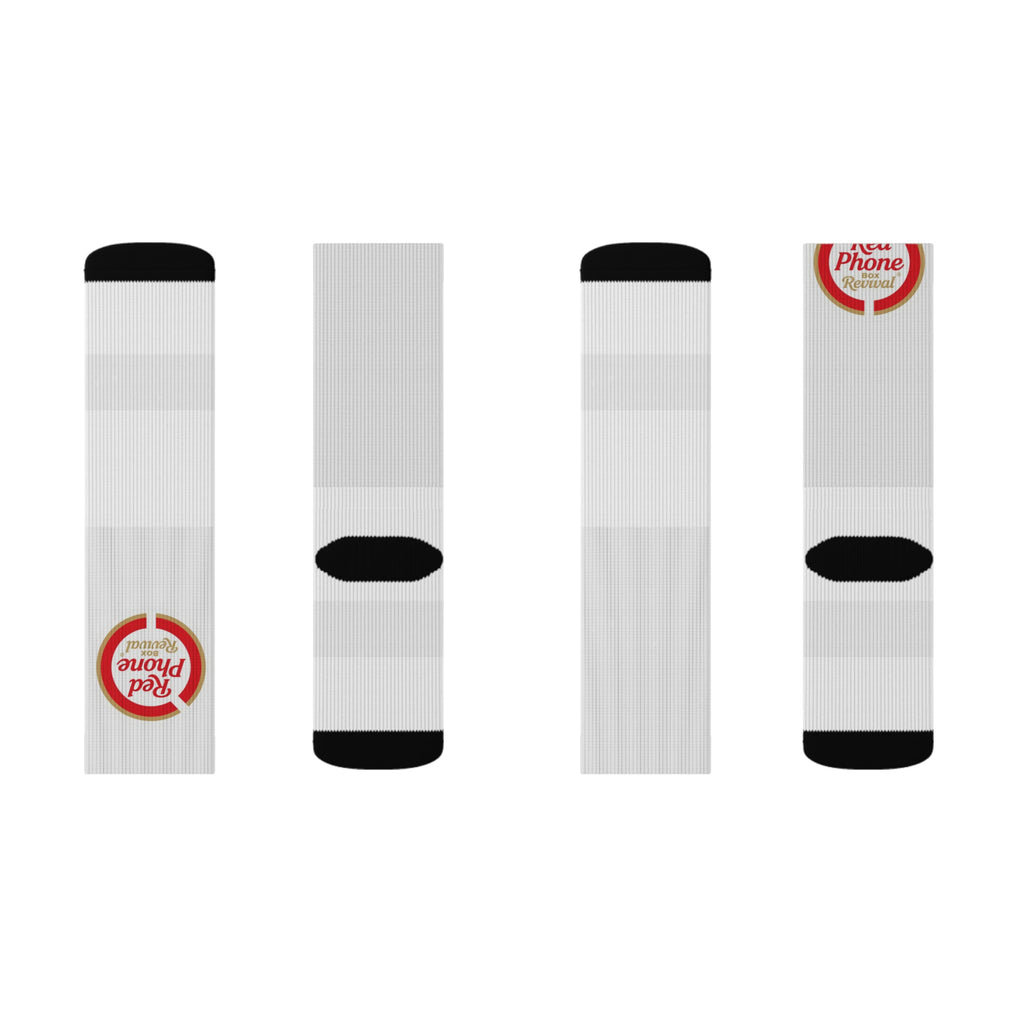 Classic Sublimation Crew Socks with 'Real People, Real Problems' Badge