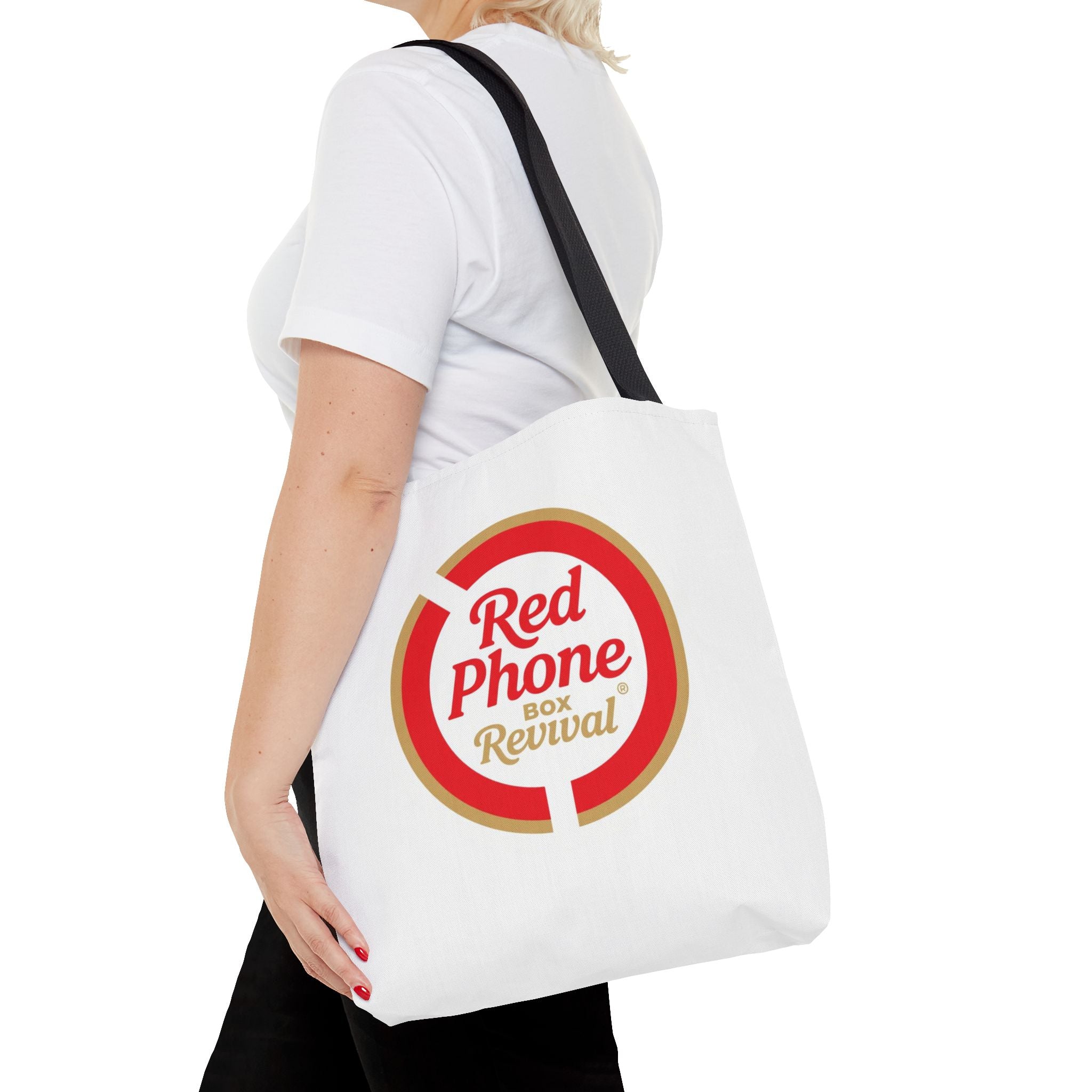 Red Phone Box Revival Tote Bag — Retro Circular Logo Tote