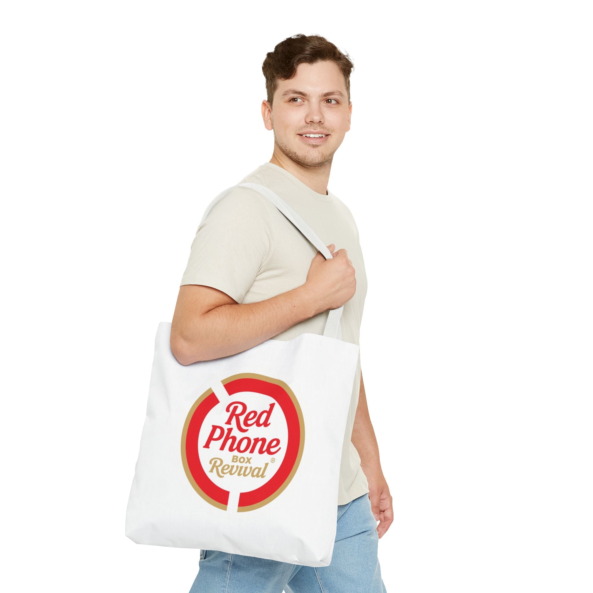 Red Phone Box Revival Tote Bag — Retro Circular Logo Tote